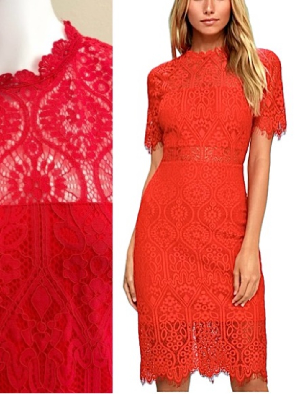 NWT Lulus Red All Over Lace Cut Out Mock Neck Midi Dress Size M Scalloped Hem